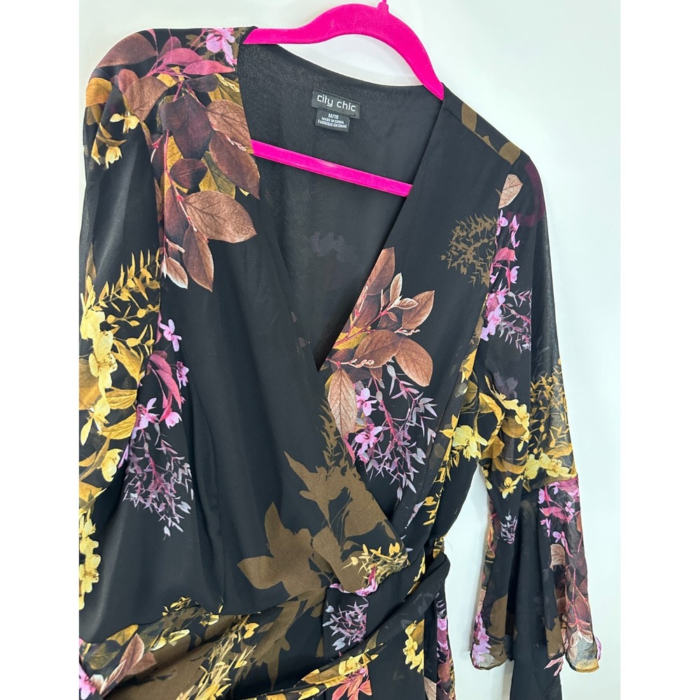 City Chic Malaga Floral Print LS Faux Wrap Dress Black Gold Plus Size 18 - Picture 6 of 12